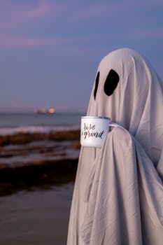 A person in a ghost costume holds a coffee mug on a Hawaiian beach at sunrise, evoking a quirky Halloween vibe.