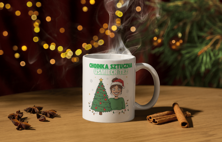 Świąteczny Kubek na Święta - Choinka sztuczna, uśmiech też - obrazek 2